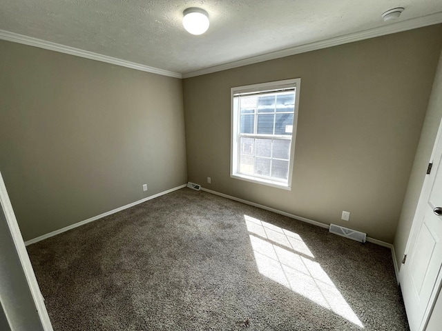 unfurnished room with carpet flooring, a textured ceiling, and ornamental molding