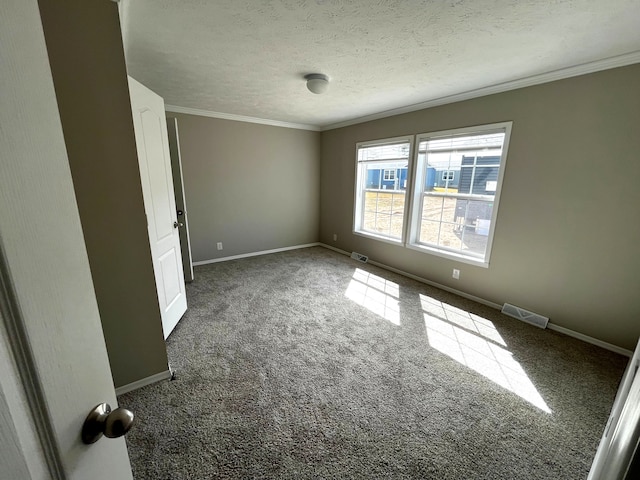 carpeted spare room with ornamental molding and a textured ceiling