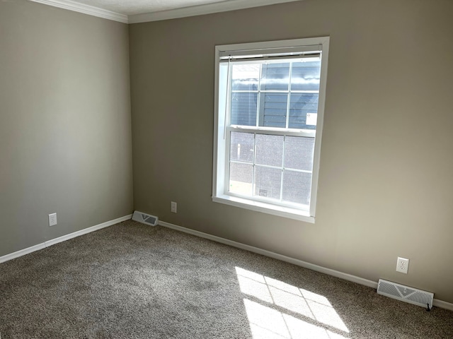 carpeted empty room with plenty of natural light and crown molding