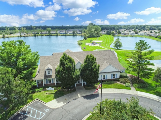 drone / aerial view featuring a water view