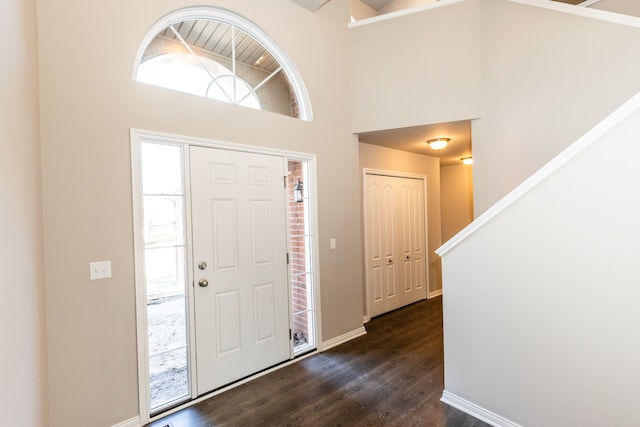 entryway featuring a towering ceiling and dark wood-type flooring