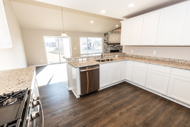 kitchen with sink, dark wood-type flooring, vaulted ceiling, and appliances with stainless steel finishes