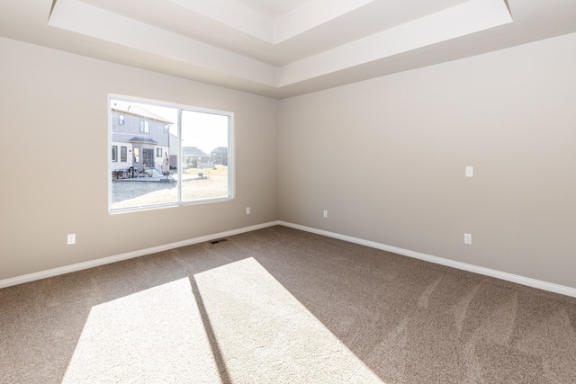 carpeted spare room with a raised ceiling