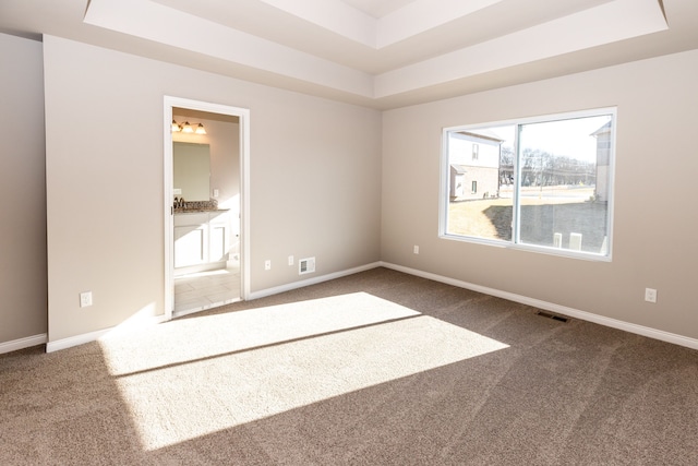 empty room featuring carpet floors and a tray ceiling