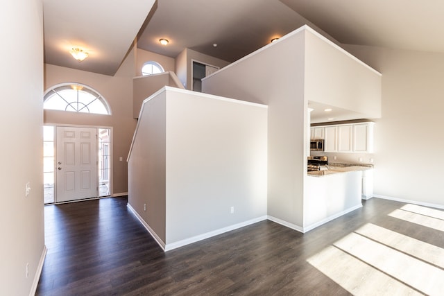 foyer with dark wood-type flooring and high vaulted ceiling