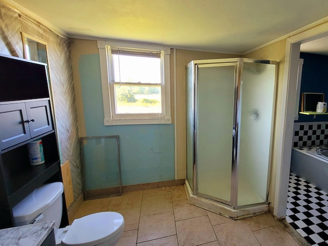 full bath featuring toilet, a shower stall, and vanity