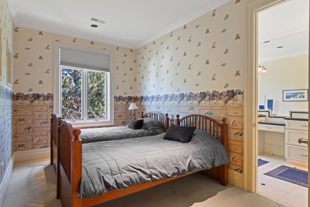 7545 Oyster Bay Dr Unit 4, Charlevoix, MI 49720 - bedroom featuring wallpapered walls, ornamental molding, light colored carpet, and ensuite bathroom