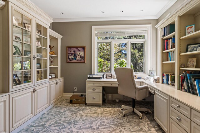 7545 Oyster Bay Dr Unit 4, Charlevoix, MI 49720 - home office featuring light carpet, ornamental molding, and baseboards