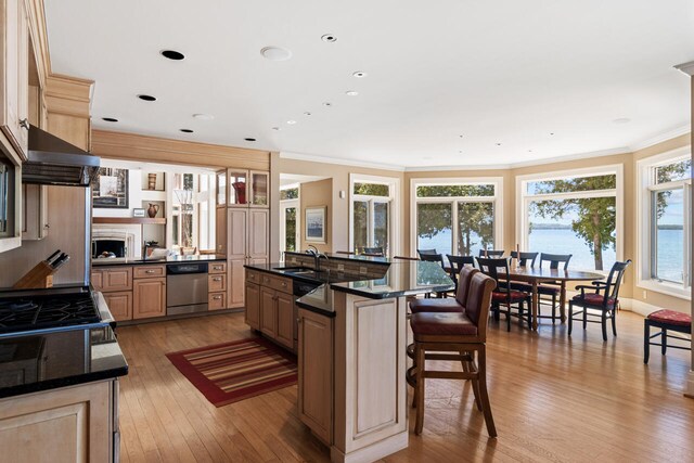7545 Oyster Bay Dr Unit 4, Charlevoix, MI 49720 - kitchen with dishwasher, a sink, ornamental molding, light wood-style floors, and a breakfast bar area