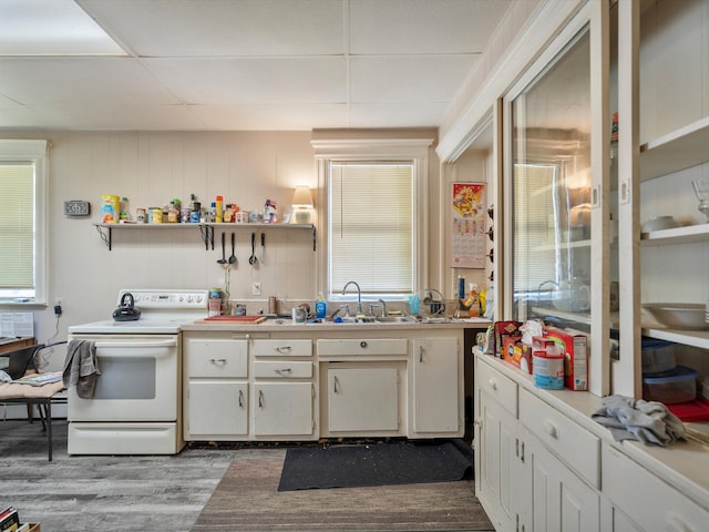 kitchen with white cabinets, white electric range, a paneled ceiling, and sink