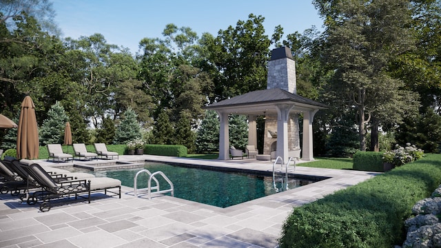 view of swimming pool featuring a gazebo and a patio area