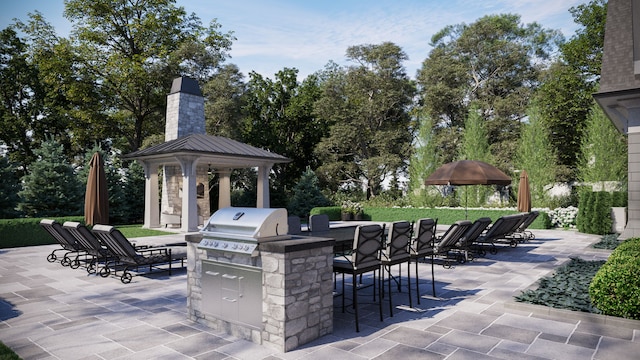 view of patio / terrace featuring exterior bar, a gazebo, an outdoor kitchen, and a grill