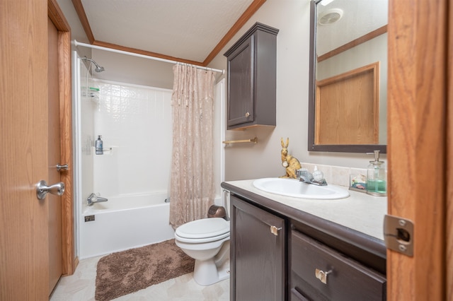 full bathroom with shower / bath combo, toilet, ornamental molding, and vanity