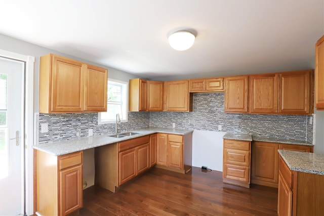 kitchen with backsplash, dark hardwood / wood-style floors, light stone counters, and sink