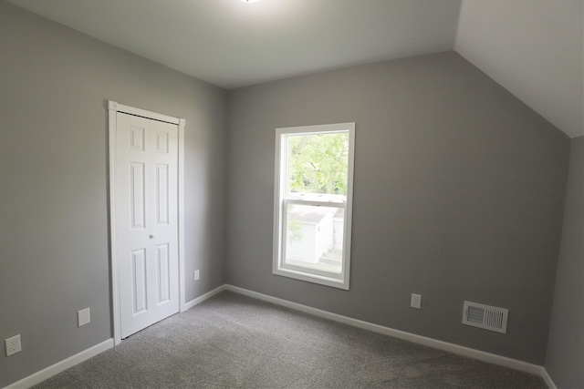 interior space with carpet flooring, vaulted ceiling, and a closet