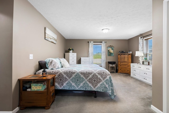 carpeted bedroom with a textured ceiling