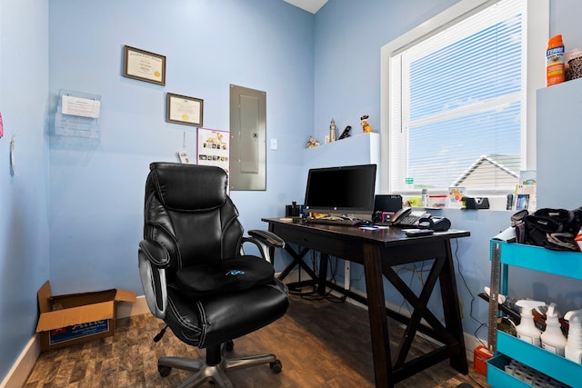 office space with wood-type flooring and electric panel