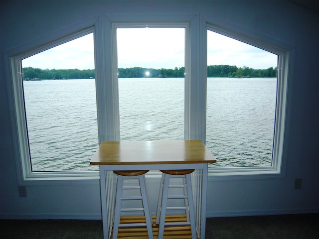 interior space featuring a water view and dark carpet