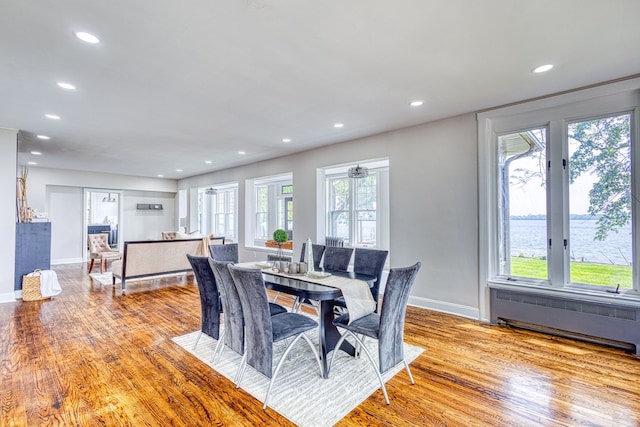 dining space with radiator heating unit, a water view, and light hardwood / wood-style flooring