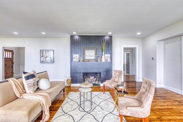 living room featuring a large fireplace and wood-type flooring