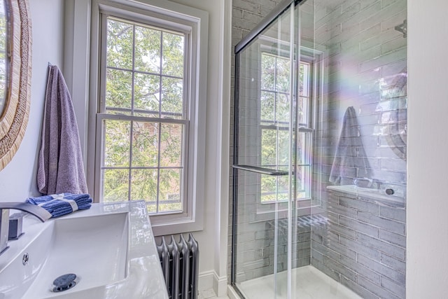 bathroom with radiator heating unit, a shower with door, and sink