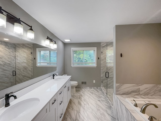 full bathroom featuring vanity, toilet, and plus walk in shower