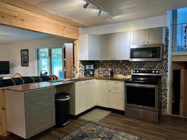 kitchen featuring kitchen peninsula, appliances with stainless steel finishes, dark hardwood / wood-style flooring, backsplash, and sink