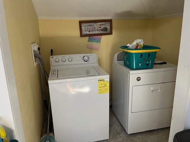 423 Oak St, Paw Paw, MI 49079 - laundry room with washer and dryer, ornamental molding, and attic access