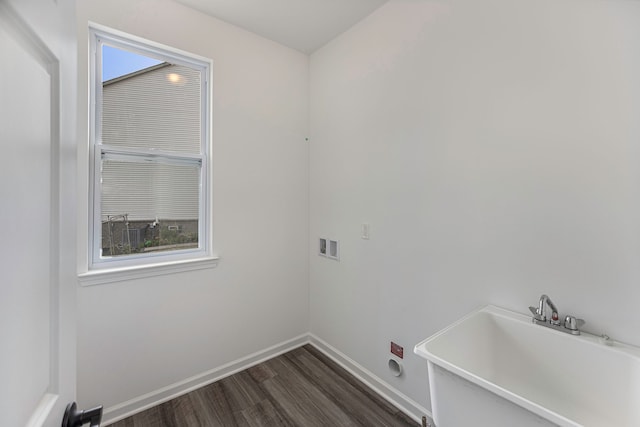 clothes washing area with washer hookup, dark hardwood / wood-style floors, and sink