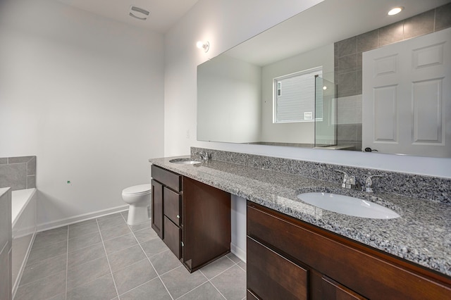 full bathroom featuring tile patterned flooring, vanity, toilet, and plus walk in shower