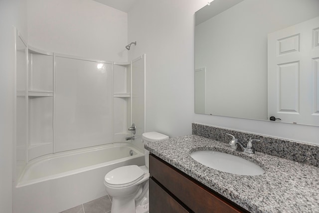 full bathroom featuring shower / tub combination, tile patterned floors, vanity, and toilet