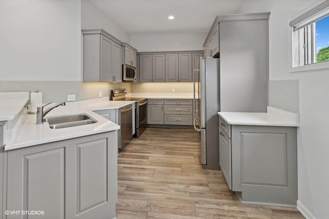 kitchen featuring backsplash, sink, gray cabinets, light wood-type flooring, and appliances with stainless steel finishes