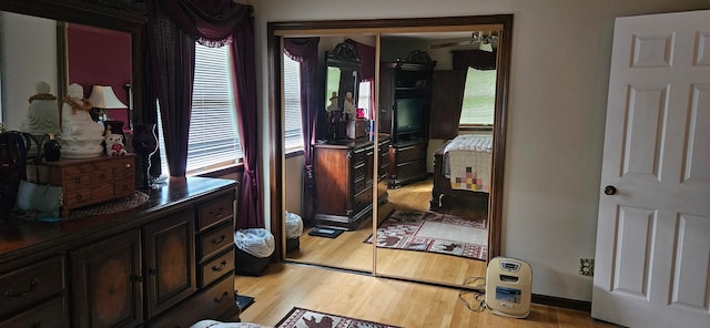 bathroom featuring wood-type flooring and ceiling fan