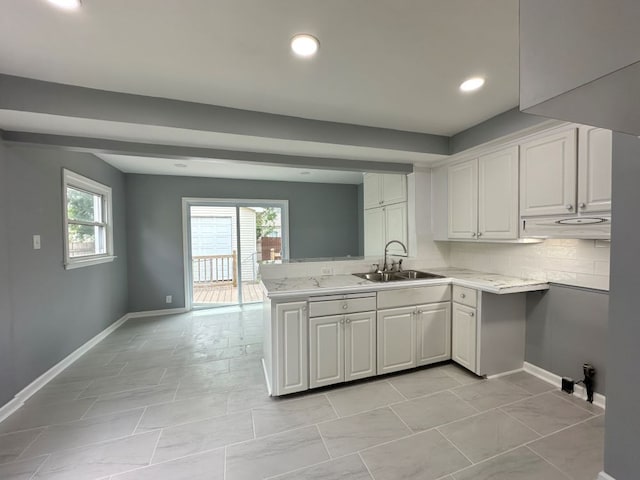 kitchen featuring backsplash, white cabinets, sink, light stone counters, and kitchen peninsula