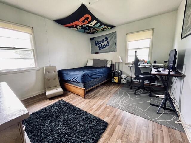 bedroom with multiple windows and hardwood / wood-style flooring