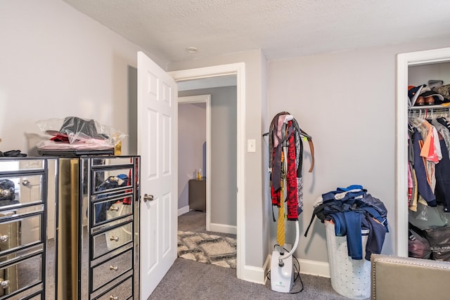 hall with carpet floors and a textured ceiling