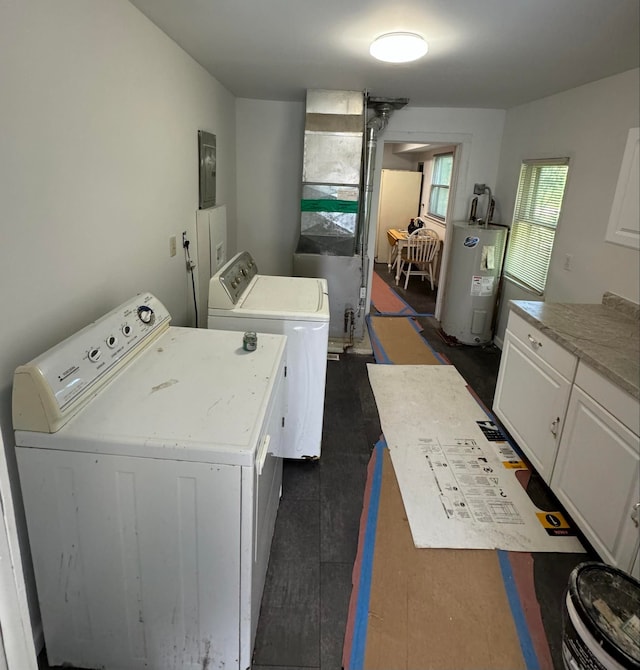 laundry room featuring cabinets, water heater, and washing machine and clothes dryer