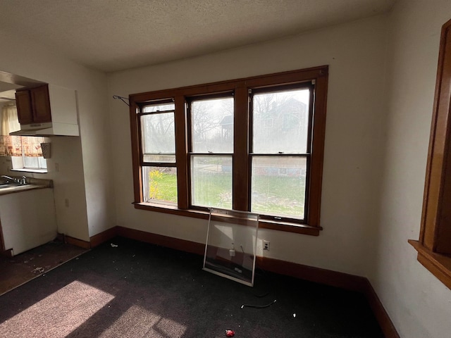 unfurnished dining area featuring sink and a textured ceiling