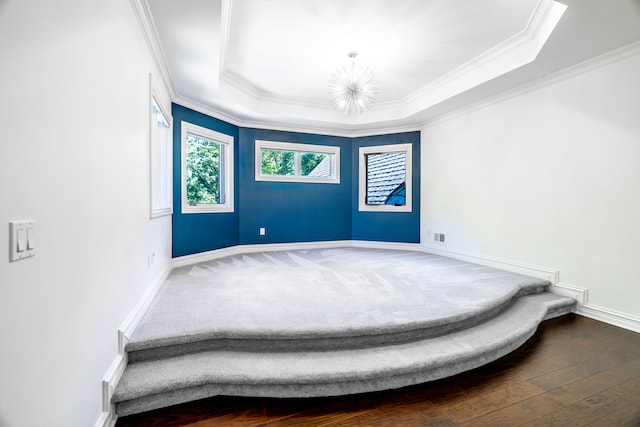 unfurnished room with hardwood / wood-style floors, a raised ceiling, and crown molding