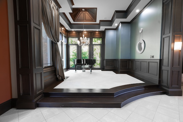 bedroom with light tile patterned floors, crown molding, and a chandelier