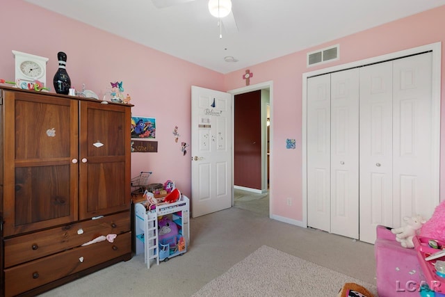 playroom featuring ceiling fan and light colored carpet