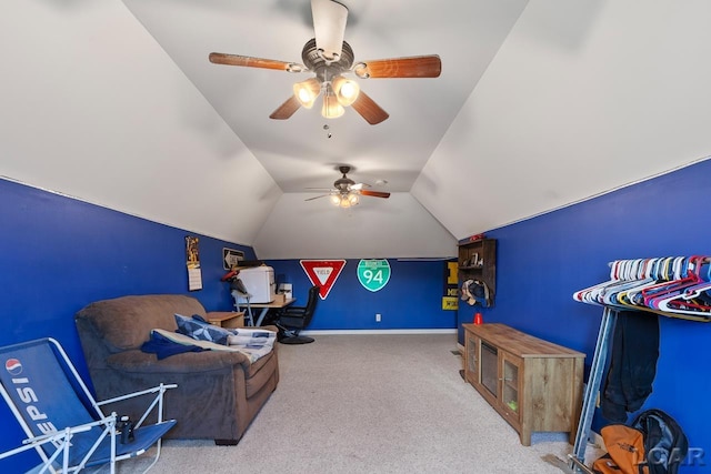 playroom featuring ceiling fan, carpet floors, and vaulted ceiling