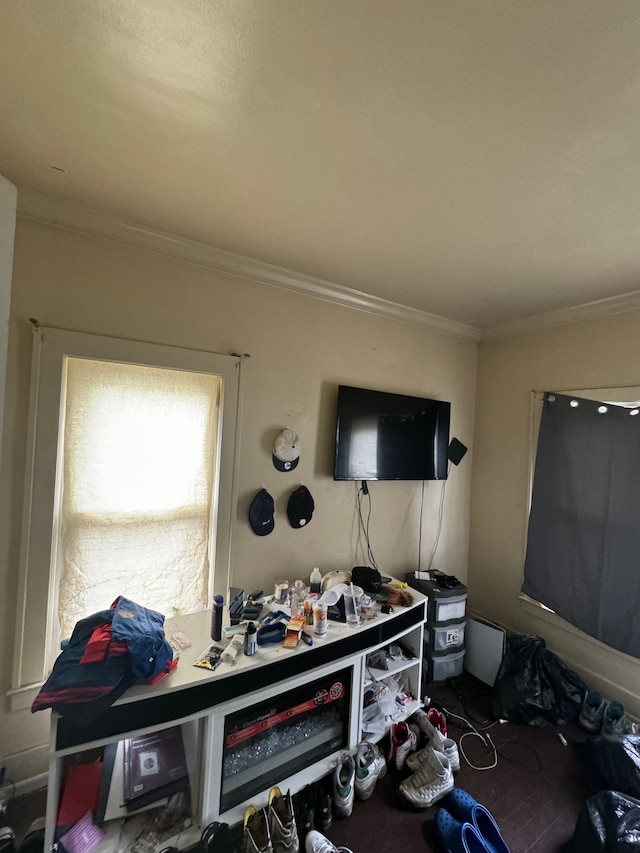 miscellaneous room with crown molding and wood-type flooring