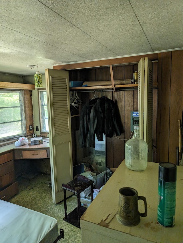 carpeted bedroom with wood walls and a closet