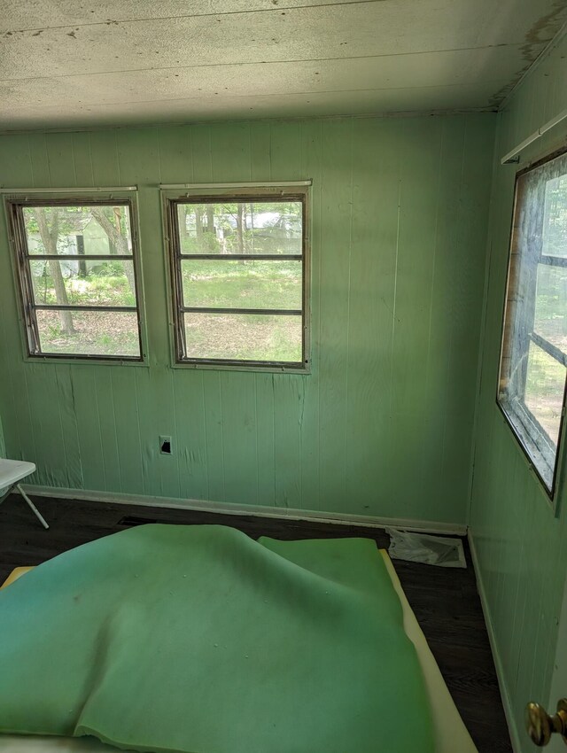 unfurnished bedroom featuring multiple windows and wood walls