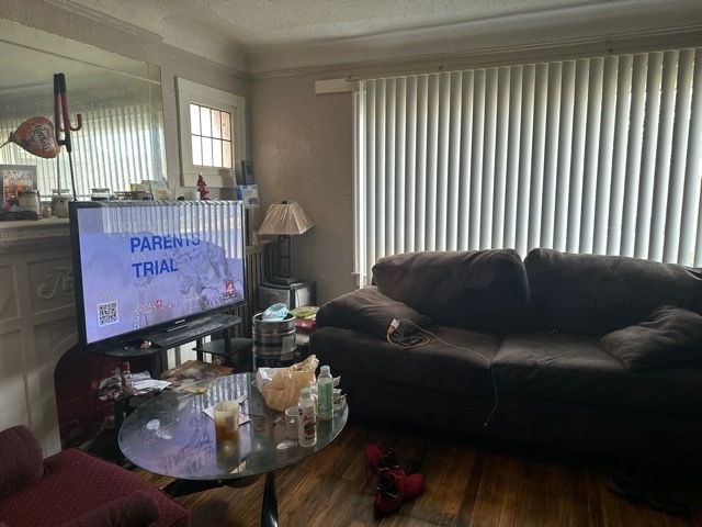 living room featuring wood-type flooring and a textured ceiling