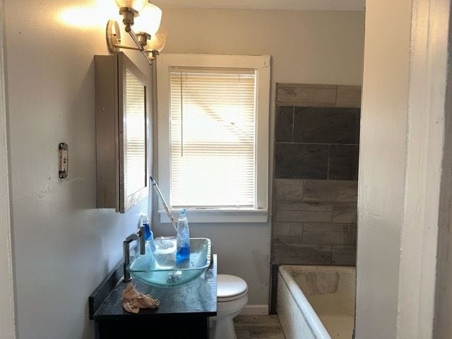 bathroom featuring vanity, toilet, plenty of natural light, and a tub