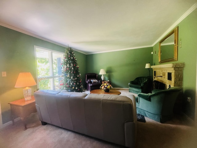 carpeted living room featuring ornamental molding