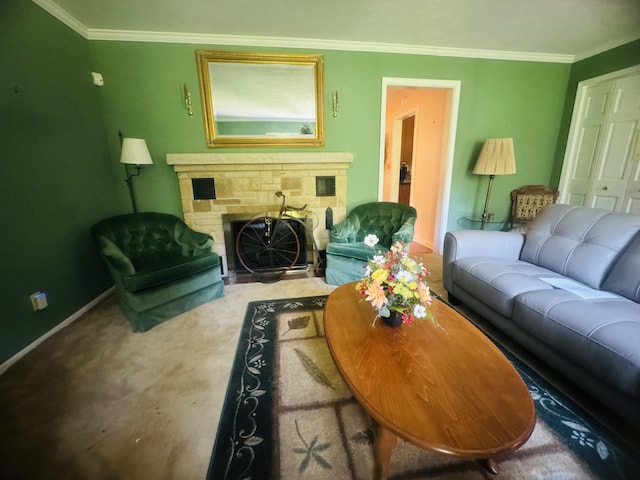 living room with carpet floors, a stone fireplace, and crown molding