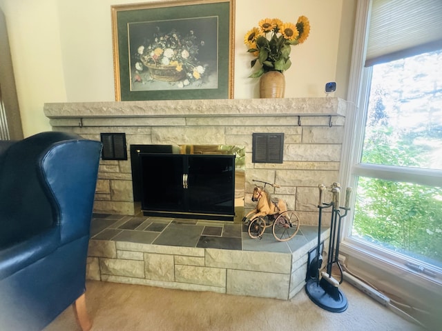 details with carpet flooring and a stone fireplace